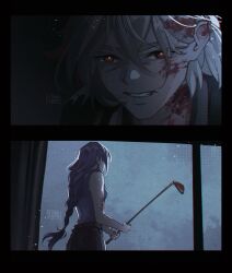  1boy 1girl absurdres alternate_costume alternate_universe angry artist_name blood blood_on_arm blood_on_face blood_on_weapon braid clenched_teeth crossover english_commentary faceless faceless_female genshin_impact golf_club hair_between_eyes highres holding holding_golf_club holding_weapon indoors kaedehara_kazuha long_braid looking_at_viewer moon_thyone multicolored_hair pants parody purple_hair raiden_shogun red_eyes shade shaded_face single_braid sleeveless standing streaked_hair teeth the_last_of_us_(series) the_last_of_us_part_ii upper_body weapon white_hair 