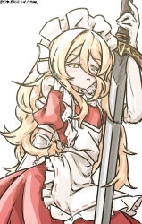  1girl absurdres apron blonde_hair blush dated dress greatsword hair_ornament highres holding holding_sword holding_weapon light_frown long_hair maid maid_headdress one-hour_drawing_challenge puffy_short_sleeves puffy_sleeves red_dress short_sleeves solo sword touhou touhou_(pc-98) ve1024 weapon white_background yellow_eyes yumeko_(touhou) 