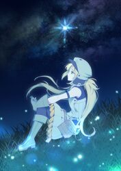  1girl arm_strap artoria_caster_(fate) artoria_caster_(first_ascension)_(fate) artoria_pendragon_(fate) bare_shoulders belt belt_pouch black_pantyhose blonde_hair boots brown_belt closed_mouth commentary_request fate/grand_order fate_(series) fireflies from_side full_body gjtthflmaster gloves grass green_eyes grey_boots grey_gloves grey_hat grey_shirt grey_skirt hat knee_boots knees_up korean_commentary long_hair looking_ahead night on_ground outdoors outstretched_arms own_hands_together pantyhose pouch profile shirt sitting skirt sleeveless sleeveless_shirt solo star_(sky) tassel tassel-trimmed_skirt twintails 