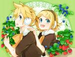  1boy 1girl asymmetry_l_(module) asymmetry_r_(module) blonde_hair blue_eyes blueberry bow brother_and_sister dress earmuffs food fruit fur_trim green_background gyorui_(toura_minato) hair_ornament hairclip hands_on_another&#039;s_shoulders headset kagamine_len kagamine_rin leaning_forward leaning_on_person looking_at_viewer nail_polish profile project_diva_(series) short_hair short_ponytail siblings strawberry twins vocaloid yellow_nails 