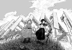  2girls blt boots bow camera capelet clouds commentary_request dress floating_clothes floating_hair full_body grass greyscale hand_on_headwear hat hat_bow highres long_hair long_skirt long_sleeves looking_at_another looking_at_object looking_to_the_side machine maribel_hearn monochrome multiple_girls outdoors shirt shoes short_hair skirt sky socks super-flat-world touhou tripod usami_renko wide_shot 