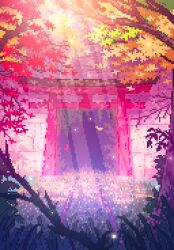  day falling_leaves grass highres leaf light_rays no_humans original outdoors pixel_art scenery timpershd torii tree 