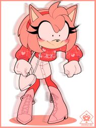  1girl absurdres amy_rose animal_nose boots furry furry_female gloves hairband hedgehog_girl highres pantyhose pink_fur pink_hair red_hairband red_pantyhose sakaruchibi simple_background skirt smile solo sonic_(series) standing white_gloves 