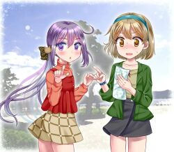  2girls akebono_(kancolle) akebono_(kure_2019)_(kancolle) bell brown_eyes brown_hair brown_skirt commentary_request fang flower green_hairband green_jacket grey_skirt hair_bell hair_flower hair_ornament hairband izumi_shara jacket jingle_bell kantai_collection long_hair long_sleeves map_(object) multiple_girls oboro_(kancolle) oboro_(sasebo_2019)_(kancolle) official_alternate_costume open_mouth purple_hair red_shirt shirt short_hair side_ponytail skirt snow violet_eyes 