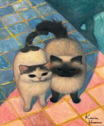  :3 animal animal_focus artist_name blue_eyes calico_(pattern) calico_cat cat closed_mouth colorpoint_(pattern) commentary full_body highres jitome karin_hosono no_humans original siamese_cat tile_floor tiles untranslatable_commentary yellow_eyes 