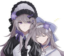  2girls 961_kuru absurdres blue_bow bow brooch center_frills closed_eyes commentary_request dual_persona frills grey_hair hair_bow head_on_another's_shoulder herta_(honkai:_star_rail) herta_(puppet)_(honkai:_star_rail) herta_(puppet)_(tea_break)_(honkai:_star_rail) highres honkai:_star_rail honkai_(series) jewelry long_hair multiple_girls official_alternate_costume purple_bow simple_background sleeping the_herta_(honkai:_star_rail) the_herta_(tea_break)_(honkai:_star_rail) upper_body very_long_hair violet_eyes white_background zzz 