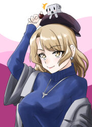  1girl 1other beret black_coat blonde_hair blue_sweater breasts brown_eyes candy chocolate coat food hat heart heart-shaped_chocolate heart-shaped_food highres houston_(kancolle) houston_(valentine)_(kancolle) jewelry kantai_collection long_sleeves looking_at_viewer medium_breasts necklace nekotarou_(nktr299) official_alternate_costume one_eye_closed pink_background smile sweater 