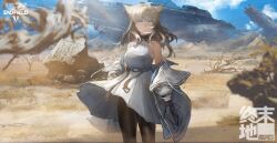  1girl absurdres animal_ears arknights arknights:_endfield bare_shoulders bird_ears bird_girl black_pantyhose blonde_hair blue_eyes chinese_commentary closed_mouth commentary_request desert highres jacket long_hair looking_at_viewer open_clothes open_jacket pantyhose perlica_(arknights) skirt solo spacecraft white_jacket white_skirt xiaoye_eago 