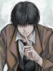  1boy bin_(binonep) black_eyes black_hair black_necktie black_vest brown_coat closed_mouth coat finger_tattoo finger_to_mouth fingernails hand_tattoo highres index_finger_raised looking_at_viewer male_focus nagumo_(sakamoto_days) necktie sakamoto_days short_hair shushing simple_background solo tattoo upper_body vest white_background 