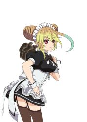  1girl ahoge artist_request black_thighhighs blonde_hair breasts brown_hair closed_mouth cowboy_shot duster dyed_ahoge from_side game_cg gradient_hair green_hair hand_on_own_hip holding holding_duster large_breasts looking_at_viewer maid maid_headdress medium_hair milla_maxwell miniskirt multicolored_hair official_alternate_costume official_art red_eyes skirt smile solo tales_of_(series) tales_of_asteria tales_of_xillia thigh-highs thighs third-party_source transparent_background 