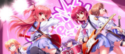  5girls :d ;d ahoge angel_beats! blonde_hair blue_eyes blue_skirt blush brown_eyes brown_hair concert convenient_leg cowboy_shot dutch_angle electric_guitar eyes_visible_through_hair floating_hair girls_dead_monster grin guitar hair_between_eyes highres hisako_(angel_beats!) holding holding_guitar holding_instrument instrument irie_miyuki iwasawa_masami long_hair long_sleeves looking_at_viewer looking_back medium_hair midriff miniskirt multiple_girls music neckerchief one_eye_closed open_mouth paid_reward_available pink_hair pink_neckerchief playing_guitar playing_instrument pleated_skirt ponytail profile purple_hair red_eyes red_hair sekine_shiori shinda_sekai_sensen_uniform shirt sidelocks skirt smile sweat sweatdrop tareme teeth two_side_up upper_teeth_only v-shaped_eyebrows violet_eyes white_shirt yui_(angel_beats!) zen_(kamuro) 