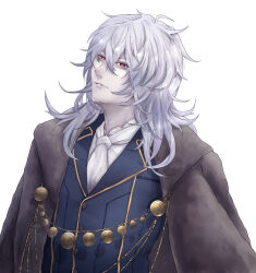  1boy ascot blue_coat coat commentary_request formal_clothes fur_coat gold_trim hair_between_eyes highres jewelry male_focus medium_hair messy_hair overcoat pale_skin red_eyes setsumushi tsukihime tsukihime_(remake) vlov_arkhangel white_background white_hair 
