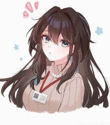 1girl alternate_hairstyle aqua_eyes aqua_streaks brown_hair commentary_request cropped_torso funafu hair_down honkai:_star_rail honkai_(series) id_card jewelry lanyard long_hair looking_at_viewer multicolored_hair necklace official_alternate_costume pearl_necklace ruan_mei_(academia)_(honkai:_star_rail) ruan_mei_(honkai:_star_rail) solo streaked_hair sweater turtleneck turtleneck_sweater white_background 