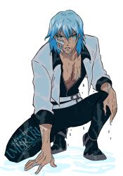  1boy aqua_eyeliner artist_name belt bleach blue_eyes blue_hair broken_mask commentary commission english_commentary eyeliner full_body grimmjow_jaegerjaquez highres jacket makeup male_focus mask on_one_knee pectoral_cleavage pectorals serious solo umbra_(edits_umbra) v-shaped_eyebrows watermark wet white_belt white_jacket 