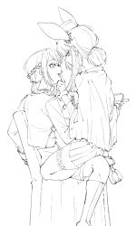  2girls animal_ears bang_dream! bang_dream!_it's_mygo!!!!! boots braid cup doki_(oox3o) fake_animal_ears greyscale half_up_braid highres holding holding_cup lineart mole mole_under_eye monochrome multiple_girls rabbit_ears shiina_taki sidelocks simple_background sitting sitting_on_lap sitting_on_person white_background yahata_umiri yuri 