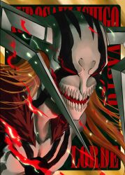  1boy absurdres aura bleach character_name chest_tattoo colored_skin demon_boy demon_horns english_text eye_trail highres hole_in_chest hole_on_body hollow_(bleach) hollow_ichigo hollow_ichigo_(full_hollow) hollow_mask horns kurosaki_ichigo light_trail long_hair mask open_mouth orange_hair portrait red_eyes red_fur sharp_teeth solid_eyes solo tattoo teeth topless_male white_skin zunedraws 