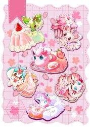  alolan_vulpix blue_eyes bonnet border bow brown_eyes cake cherry_blossoms commentary_request cupcake doughnut flower food food_focus gelatin hat highres jigglypuff mew_(pokemon) minccino no_humans pachirisu petals pink_background pink_eyes pokemon pokemon_(creature) pokemon_focus smile sprigatito swiss_roll top_hat toro_nika whipped_cream white_border 