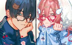  2boys angel_devil_(chainsaw_man) bear_hair_ornament black_hair blue_jacket bonnet chainsaw_man character_patch cherry commentary earrings food fruit glasses hair_between_eyes hair_ornament hand_on_own_chin hands_on_own_chin hayakawa_aki head_rest heart_on_cheek highres jacket jewelry long_hair_between_eyes looking_at_viewer male_focus multiple_boys portrait red-framed_eyewear red_eyes red_hair stud_earrings teardrop-framed_glasses too_many_hair_ornaments untranslatable_commentary white_background wing_hair_ornament yuuyuyuraru zipper_pull_tab 