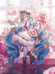  1girl animal apron aqua_eyes aqua_hair aryuma772 asymmetrical_legwear blue_bow blue_dress blue_eyes blue_hair blue_sleeves blush boots bow bowtie bread brown_boots brown_hat commentary_request cookie dessert detached_sleeves dress dress_bow food food-themed_clothes food-themed_hat_ornament fork frilled_apron frills fruit full_body fur-trimmed_dress fur-trimmed_sleeves fur_trim hair_between_eyes hair_ornament hat hat_ornament hatsune_miku highres holding holding_fork knee_boots long_hair long_sleeves looking_at_viewer mismatched_legwear necktie nurimas official_alternate_costume official_alternate_hairstyle open_mouth pantyhose pink_necktie puffy_sleeves rabbit_yukine short_sleeves smile snowflake_print striped_clothes striped_pantyhose twintails two-tone_sleeves very_long_hair vocaloid wavy_hair white_apron yuki_miku yuki_miku_(2026) 