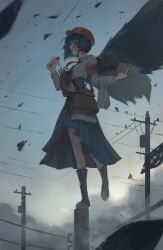  1girl absurdres alternate_costume alternate_headwear armband bag bird_wings black_boots black_hair black_wings blue_skirt boots breasts brown_hat candy chocolate chocolate_bar collared_shirt commentary_request eating feathered_wings food full_body hat high-waist_skirt highres holding holding_food holding_newspaper long_sleeves medium_breasts necktie newspaper pleated_skirt red_armband red_eyes red_necktie sashimi_oniku shameimaru_aya shirt short_hair shoulder_bag skirt solo standing touhou utility_pole white_shirt wings 
