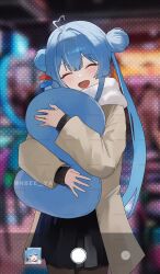  1girl 2_nan_5 absurdres ahoge arahashi_tabi artist_collaboration black_dress black_pantyhose blue_eyes blue_hair blush brown_jacket closed_eyes commentary_request cowboy_shot double-parted_bangs double_bun dress fake_phone_screenshot fake_screenshot hair_bun heart heart_ahoge highres hug jacket korean_commentary long_hair long_sleeves looking_at_viewer nbee_ya open_clothes open_jacket open_mouth pantyhose pungdangi_(arahashi_tabi) scarf solo stellive twintails twitter_username virtual_youtuber watermark watermark_grid white_scarf 