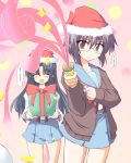  cardigan christmas gift glasses hat holding holding_gift kugui_kiyunemu nagato_yuki party_popper santa_hat school_uniform suzumiya_haruhi_no_yuuutsu translated 