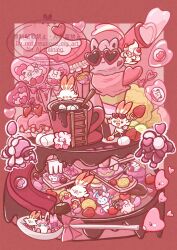  alcremie alcremie_(strawberry_sweet) alternate_color aqua_eyes balloon border bow box cake cherry chocolate clefairy cookie cup doughnut eating english_commentary food fork fruit furfrou furfrou_(heart) furfrou_(matron) gashapon gokuaku_rabbit heart highres holding ice_cream jigglypuff ladder luvdisc macaron marshmallow mug orange_eyes pink_background pokemon pokemon_(creature) pokemon_focus red_border scorbunny shiny_pokemon sinistea skitty slide spoon sprinkles strawberry sunglasses swirlix sylveon tinkaton valentine whipped_cream wigglytuff 