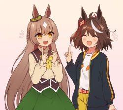  2girls :d ^_^ ahoge belt belt_buckle black_jacket blush bow braid brown_background brown_eyes brown_hair brown_shirt buckle closed_eyes commentary_request gradient_background green_skirt hair_between_eyes hand_up hands_up highres index_finger_raised jacket kitasan_black_(umamusume) long_sleeves multicolored_hair multiple_girls notice_lines one_side_up open_clothes open_jacket pink_background pink_belt puffy_long_sleeves puffy_sleeves satono_diamond_(umamusume) shirt shorts skirt sleeves_past_wrists smile streaked_hair two-tone_hair umamusume vgb0568 white_hair yellow_bow yellow_shorts 