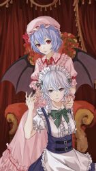  2girls absurdres bat_wings blue_eyes blue_skirt bow bowtie breasts chinese_commentary closed_mouth commentary curtains frilled_hat frilled_shirt_collar frilled_skirt frilled_sleeves frills green_bow green_bowtie grey_hair hair_between_eyes hair_bow hat hat_ribbon high_heels highres interlocked_fingers izayoi_sakuya layered_skirt long_skirt looking_at_viewer maid_headdress medium_breasts medium_hair mob_cap multiple_girls parted_lips pink_hat pink_shirt pink_skirt puffy_short_sleeves puffy_sleeves purple_hair red_eyes red_ribbon remilia_scarlet ribbon shirt short_hair short_sleeves skirt smile suspenders throne touhou user_zkmt4772 white_shirt wings 