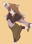  brown_hair flat_color holo long_hair misnon_the_great no_socks red_eyes spice_and_wolf wolf_ears work_in_progress 
