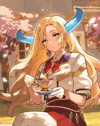  1girl amano_mikoto blonde_hair blue_horns commentary_request cup dragon_girl dragon_horns dragon_musume_ni_naritakunai! duel_masters earrings green_eyes hair_ornament holding holding_cup holding_plate horns jewelry long_hair official_art pantyhose petals plate red_skirt saitou_naoki shirt sitting skirt solo striped_clothes striped_pantyhose teacup vertical-striped_clothes vertical-striped_pantyhose white_pantyhose white_petals white_shirt 