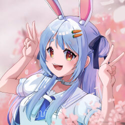  1girl absurdres animal_ears black_ribbon blue_hair blue_neckerchief breasts carrot_hair_ornament cherry_blossoms choker commentary_request double_bun double_v dress extra_ears falling_petals food-themed_hair_ornament hair_bun hair_ornament hair_over_shoulder hair_ribbon hairclip highres hololive long_hair looking_at_viewer neckerchief no_jacket official_alternate_costume official_alternate_hairstyle open_mouth orange_eyes parallel_hairclips petals puffy_short_sleeves puffy_sleeves rabbit-shaped_pupils rabbit_ears ribbon sailor_collar sailor_dress short_eyebrows short_sleeves side_up_bun sidelocks small_breasts solo swept_bangs symbol-shaped_pupils thick_eyebrows upper_body usada_pekora usada_pekora_(casual) v virtual_youtuber white_choker white_dress white_sailor_collar white_streaks yuika_nia 