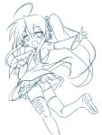  :3 ahoge armpits cosplay detached_sleeves hatsune_miku hatsune_miku_(cosplay) headphones headset izumi_konata kotobuki_hajime lineart long_hair looking_back lucky_star mole monochrome necktie open_mouth outstretched_arms outstretched_hand panties solo spread_arms standing_on_one_leg thighhighs twintails underwear vocaloid 