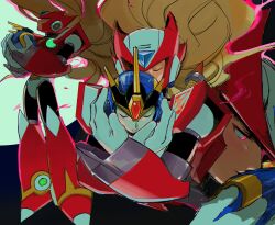  1boy absurdres android armor blonde_hair blue_helmet chest_jewel disembodied_head forehead_jewel full_body helmet highres lidian_s long_hair mega_man_(series) mega_man_x5 mega_man_x_(series) red_armor red_helmet solo_focus ultimate_armor_x_(mega_man) upper_body x_(mega_man) zero_(mega_man) 