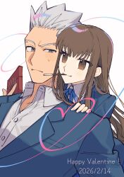  1boy 1girl absurdres archer_(fate) brown_eyes brown_hair chocolate commentary_request dark-skinned_male dark_skin fate/extra fate/extra_ccc fate_(series) happy_valentine highres kishinami_hakuno_(female) long_hair nora_(lyh_b) spiky_hair valentine white_hair 