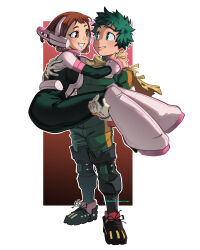  1boy 1girl absurdres arms_around_neck black_bodysuit black_shoes bodysuit boku_no_hero_academia boots border breasts brown_eyes brown_hair cape carrying commentary freckles full_body gloves gradient_background green_bodysuit green_eyes green_hair headset highres looking_at_another medium_breasts midoriya_izuku multicolored_bodysuit parted_lips patreon_username princess_carry shoes short_hair smile standing superhero_costume torn_cape torn_clothes two-tone_bodysuit untranslatable_commentary uraraka_ochaco vanelover white_bodysuit white_boots white_border white_gloves yellow_cape 