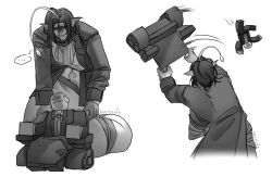  2boys anglerfish_boy ascot br_not_here coat english_commentary extra_arms fins greyscale head_fins highres illicium male_focus merman monochrome monster_boy mr._shade_(pressure) multiple_boys old old_man pressure_(roblox) sebastian_solace short_hair throwing throwing_person trembling wheelchair 