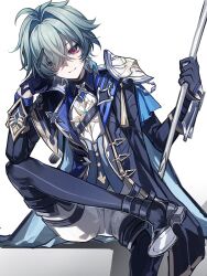  1boy ahe63011 armor black_boots black_coat black_gloves blue_coat blue_hair boots coat collared_shirt commentary crossed_bangs curtained_hair earrings elbow_on_knee english_commentary genshin_impact gloves highres holding holding_weapon jewelry lohen_(genshin_impact) long_sleeves looking_at_viewer male_focus multicolored_eyes pants parted_bangs pauldrons shirt shoulder_armor single_earring single_pauldron sitting smile solo two-sided_coat two-sided_fabric weapon white_background white_pants wing_collar 