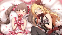  2girls ahoge archived_source bare_shoulders black_dress black_gloves black_pantyhose blonde_hair box breasts brown_hair closed_mouth company_name copyright_name copyright_notice covering_own_mouth dress gift gift_box gloves green_eyes hakozaki_serika hat heart-shaped_box holding holding_gift hoshii_miki idolmaster idolmaster_(classic) idolmaster_million_live! idolmaster_million_live!_theater_days long_hair looking_at_viewer lying mini_hat multiple_girls official_art official_wallpaper on_back pantyhose partially_fingerless_gloves petals pink_dress pink_gloves rose_petals sleeveless sleeveless_dress smile twintails valentine yellow_eyes 