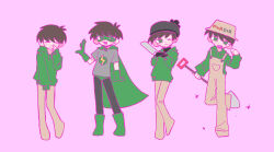  4boys :3 :d =_= animification antenna_hair beanie black_gloves black_hat black_leggings black_sweater blush boots brown_hair brown_hat brown_overalls brown_pants bucket_hat cape clothes_writing commentary_request domino_mask drawstring edd_(eddsworld) eddsworld eye_mask full_body gloves green_boots green_cape green_eyes green_gloves green_hoodie green_mask green_shorts grey_shirt hand_up hat holding holding_knife holding_shovel hood hood_down hoodie kawaii_kaiwai knife leggings looking_at_viewer male_focus mask multiple_boys multiple_persona official_alternate_costume one_eye_closed overalls pants parody paw_pose pink_background pom_pom_(clothes) print_shirt shirt short_hair short_sleeves shorts shovel simple_background smile sn_se_u_uwu sono_bisque_doll_wa_koi_wo_suru standing standing_on_one_leg straight-on superhero_costume sweater swept_bangs turtleneck turtleneck_sweater 