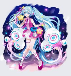  1girl aqua_ribbon belt boots collared_dress commentary_request dress fuinagi_(huyuu_mm) full_body gloves gradient_hair hair_between_eyes hair_ornament hatsune_miku heart_ornament highres holding holding_wand knee_boots long_hair looking_at_viewer magical_mirai_(vocaloid) magical_mirai_miku magical_mirai_miku_(2022) microphone_wand multicolored_hair necktie official_alternate_costume official_alternate_hairstyle pink_dress pink_gloves pink_hair pink_necktie pink_ribbon radio_antenna ribbon rocket_ship shirt sleeveless sleeveless_shirt smile solo spacecraft star_(symbol) star_hair_ornament streaked_hair thigh_strap twintails two-tone_dress two-tone_hair two-tone_necktie two-tone_ribbon very_long_hair vocaloid wand white_belt white_boots white_dress white_hair 