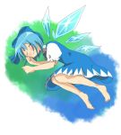 a_shiru blue_hair bow cirno ribbon ribbons short_hair sleeping solo touhou wings 