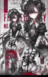  1girl arm_belt bag belt black_belt black_dress black_hairband black_shoes boots brown_hair buckle coffin-shaped_bag collared_shirt commission cross dress feathers full_body grey_leg_warmers hair_intakes hairband heart heart-shaped_buckle highres holding holding_bag lace lace_pantyhose layered_sleeves leg_warmers lolita_fashion lolita_hairband long_hair looking_at_viewer mark_under_both_eyes nnk_(nongnong) original pantyhose parted_lips pentagram phone puffy_sleeves red_bag ringlets shirt shoes skirt sleeve_belt sleeves_past_fingers sleeves_past_wrists standing white_pantyhose white_skirt white_sleeves wolf_cut yellow_eyes zoom_layer 