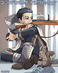  2boys animal_on_face black_eyes black_hair cape commentary_request facial_hair golden_kamuy gun hair_slicked_back highres hood hood_down hooded_cape imperial_japanese_army long_sleeves male_focus multiple_boys ogata_hyakunosuke scar scar_on_cheek scar_on_face shiraishi_yoshitake short_hair sitting smoke squirrel umsisi weapon 