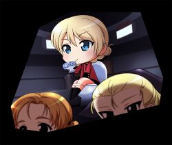  3girls assam_(girls_und_panzer) black_ribbon black_skirt black_socks blonde_hair blue_eyes blush braid breasts chibi chibi_only chinpui_(chinpui02) commentary_request cup darjeeling_(girls_und_panzer) girls_und_panzer hair_pulled_back hair_ribbon holding holding_cup indoors jacket long_hair long_sleeves military military_uniform military_vehicle miniskirt motor_vehicle multiple_girls nape_braid orange_eyes orange_hair orange_pekoe_(girls_und_panzer) panties pleated_skirt red_jacket ribbon short_hair shoulder_boards skirt smile socks st._gloriana's_military_uniform tank teacup twin_braids underwear 