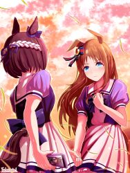  2girls absurdres animal_ears blue_eyes blush bow bowtie braid brown_hair cellphone closed_mouth clouds commentary_request ear_bow ear_ribbon grass_wonder_(umamusume) half_up_braid highres holding holding_hands holding_phone horse_ears horse_girl horse_tail long_hair looking_at_another multicolored_hair multiple_girls orange_sky outdoors phone pleated_skirt puffy_short_sleeves puffy_sleeves purple_bow purple_bowtie purple_shirt sailor_collar sailor_shirt school_uniform shirt short_hair short_sleeves skirt sky smartphone special_week_(umamusume) tail torinosukei tracen_school_uniform two-tone_hair umamusume white_hair white_sailor_collar white_skirt 