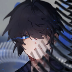 1boy black_hair blue_eyes closed_mouth commentary dreamycakesss english_commentary eye_trail hair_over_one_eye highres light_trail long_bangs looking_at_viewer male_focus one_eye_covered original portrait serious short_hair solo split_mouth 
