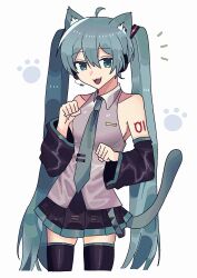  1girl :3 ahoge animal_ears animal_hands bare_shoulders black_skirt black_sleeves black_thighhighs blue_eyes blue_hair blue_necktie blue_tail cat_ears cat_paws cat_tail collared_shirt commentary cowboy_shot d2nto detached_sleeves dot_nose fang grey_shirt hair_between_eyes hands_up hatsune_miku headset highres kemonomimi_mode looking_at_viewer miniskirt necktie number_tattoo paw_pose pleated_skirt shirt simple_background skin_fang skirt sleeveless sleeveless_shirt smile tail tattoo thigh-highs tie_clip twintails untranslatable_commentary vocaloid white_background zettai_ryouiki 