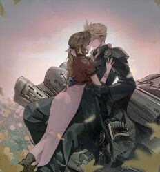  1boy 1girl absurdres aerith_gainsborough black_gloves blonde_hair braid brown_hair closed_eyes cloud_strife commentary cropped_jacket dress english_commentary final_fantasy final_fantasy_vii final_fantasy_vii:_advent_children gloves hair_ribbon hetero highres imminent_kiss jacket long_sleeves motor_vehicle motorcycle official_alternate_costume outdoors pink_dress pink_ribbon red_jacket ribbon short_sleeves yaoko 