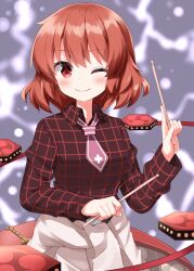  1girl ;) blush breasts brown_shirt closed_mouth clothes_around_waist collared_shirt commentary_request completion_time cowboy_shot drum drumsticks highres holding holding_drumsticks horikawa_raiko instrument long_sleeves looking_at_viewer medium_breasts necktie one_eye_closed pink_necktie red_eyes red_hair ruu_(tksymkw) shirt short_hair short_necktie smile solo touhou 